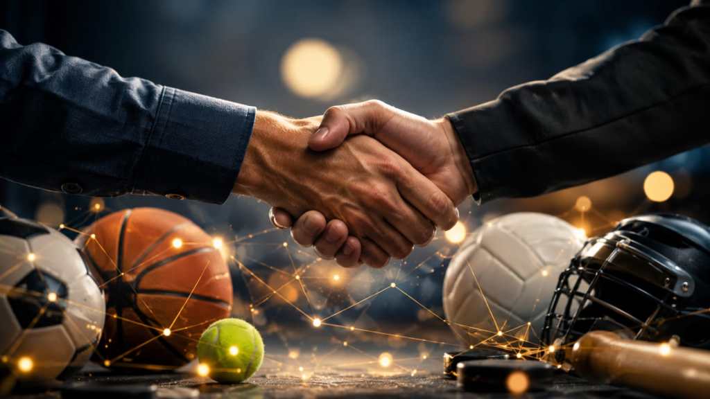 Acuerdo de patrocinio deportivo representado por un apretón de manos rodeado de elementos deportivos, simbolizando colaboración, visibilidad de marca y generación de valor a través de eventos deportivos locales.